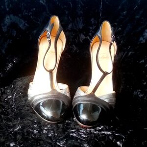 Christian Loubotini Black with Patent leather toe strap sandal